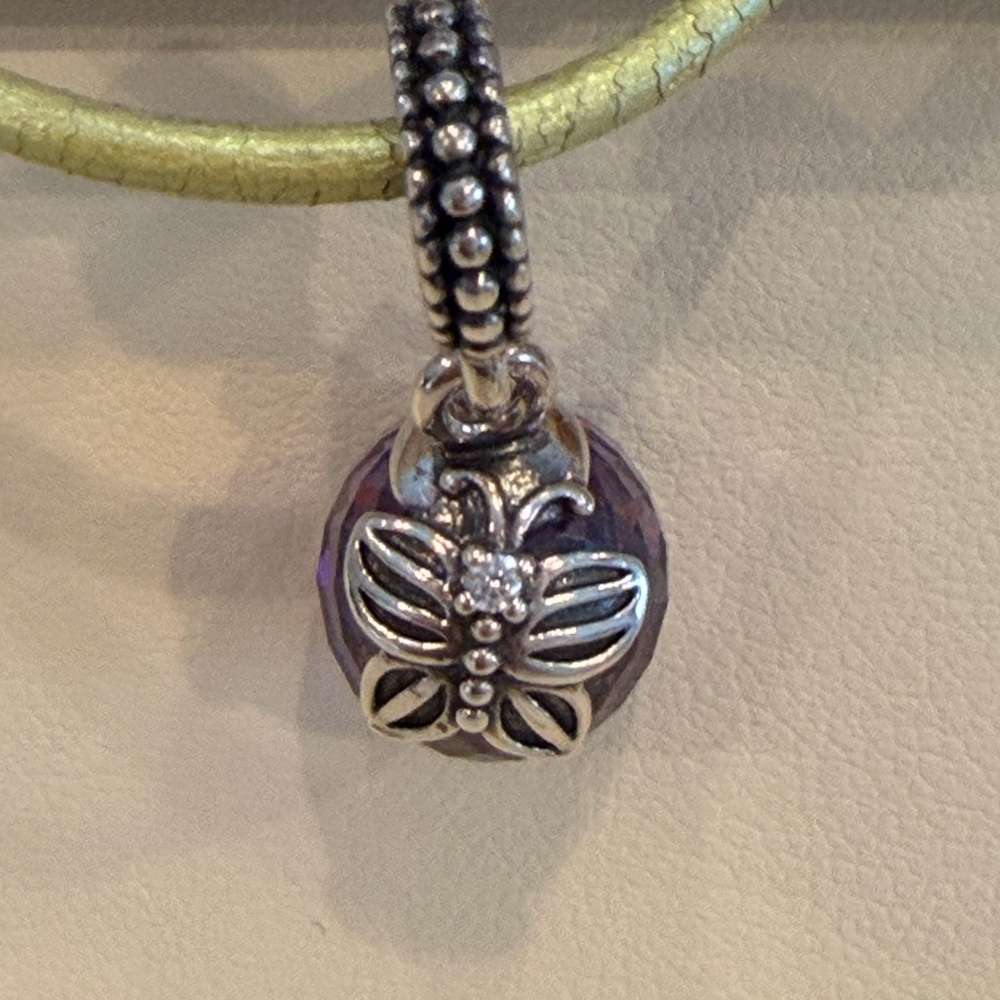 Retired Pandora Morning Butterfly Dangle Charm Sterling Silver Purple CZ